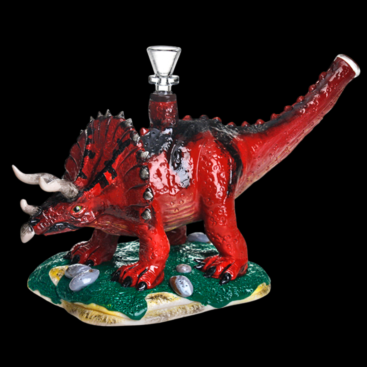 3D Dinosaur Glass Bong – Red Resin Base Waterpipe with Glass Chamber