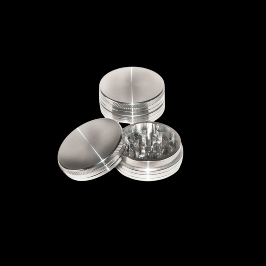 65mm 2-part metal herb grinder in silver with knurled rim and sharp teeth