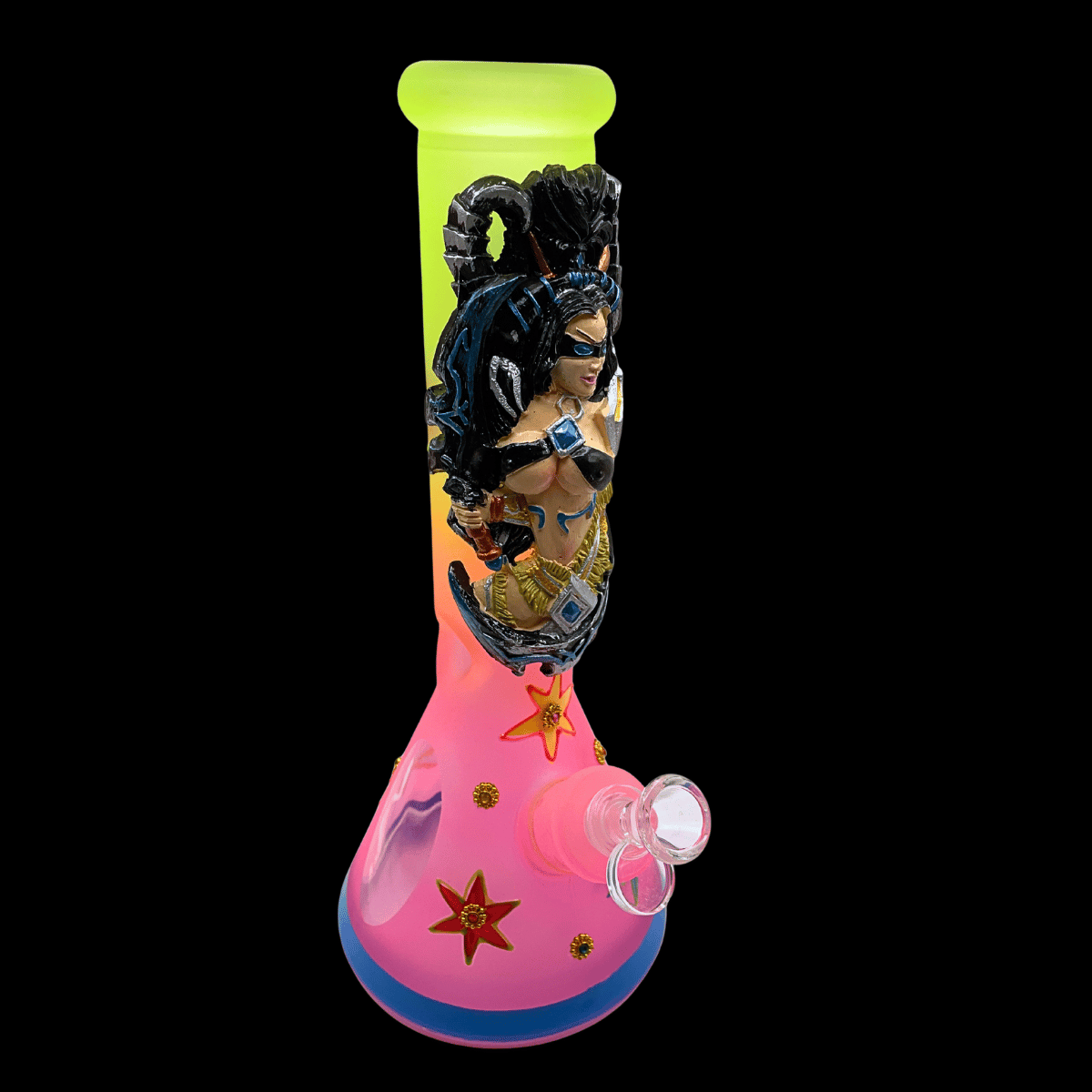 Side view of the Star Goddess glass bong showing the detailed resin figure and pink base