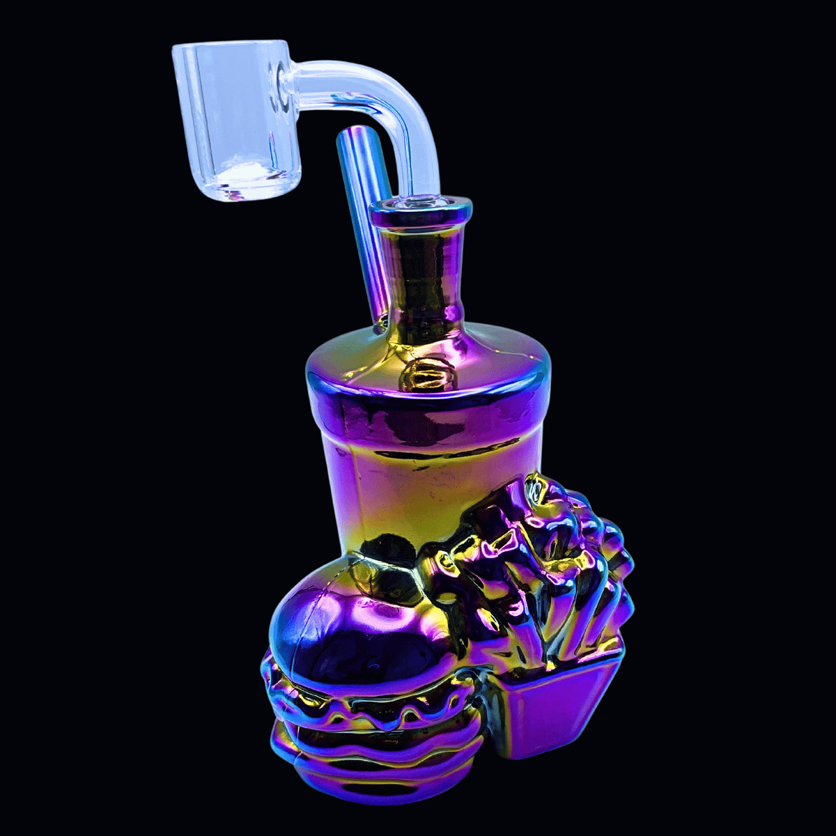 Side view of Cosmic Combo burger and fries mini dab rig with glass banger