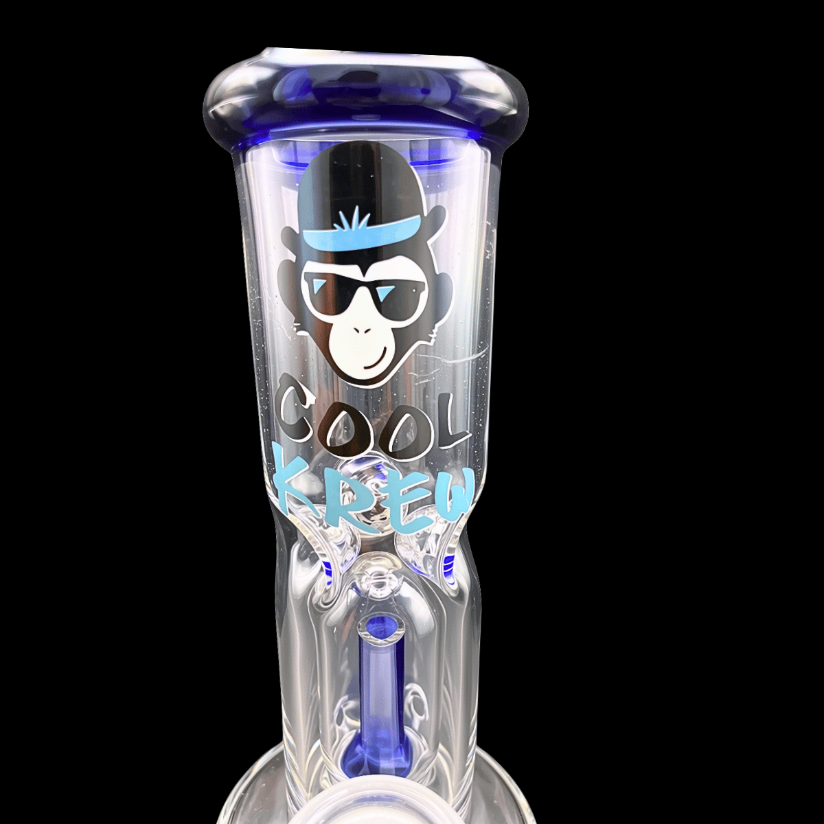Close-up of Blue Core glass bong artwork, ice pinches and blue percolator