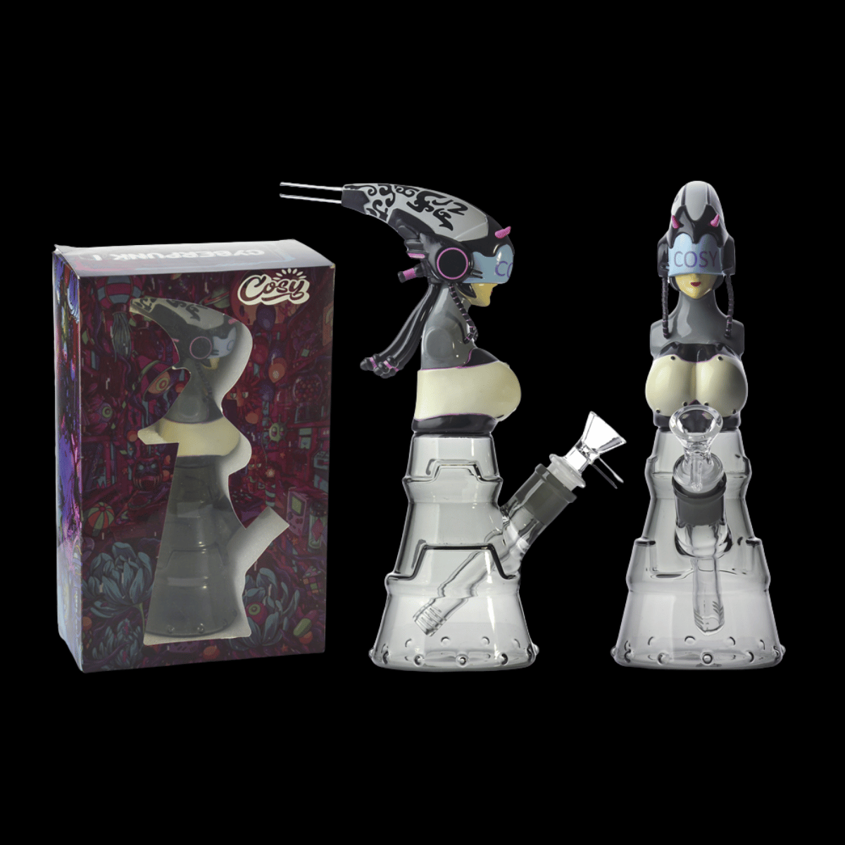 COSY cyberpunk bong with anime-style figure, glass base and sculpted plastic top, 24.5 cm tall