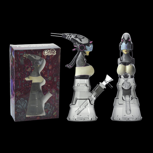 COSY cyberpunk bong with anime-style figure, glass base and sculpted plastic top, 24.5 cm tall