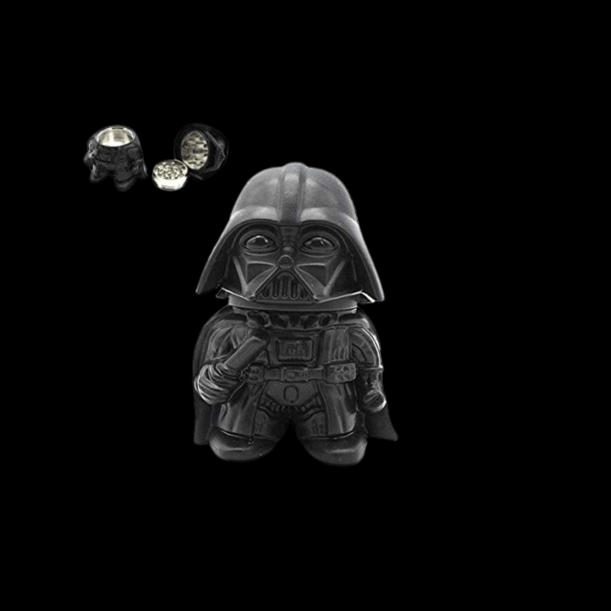 Darth Invader mini herb grinder with helmet shell, opened to show metal teeth and catch chamber