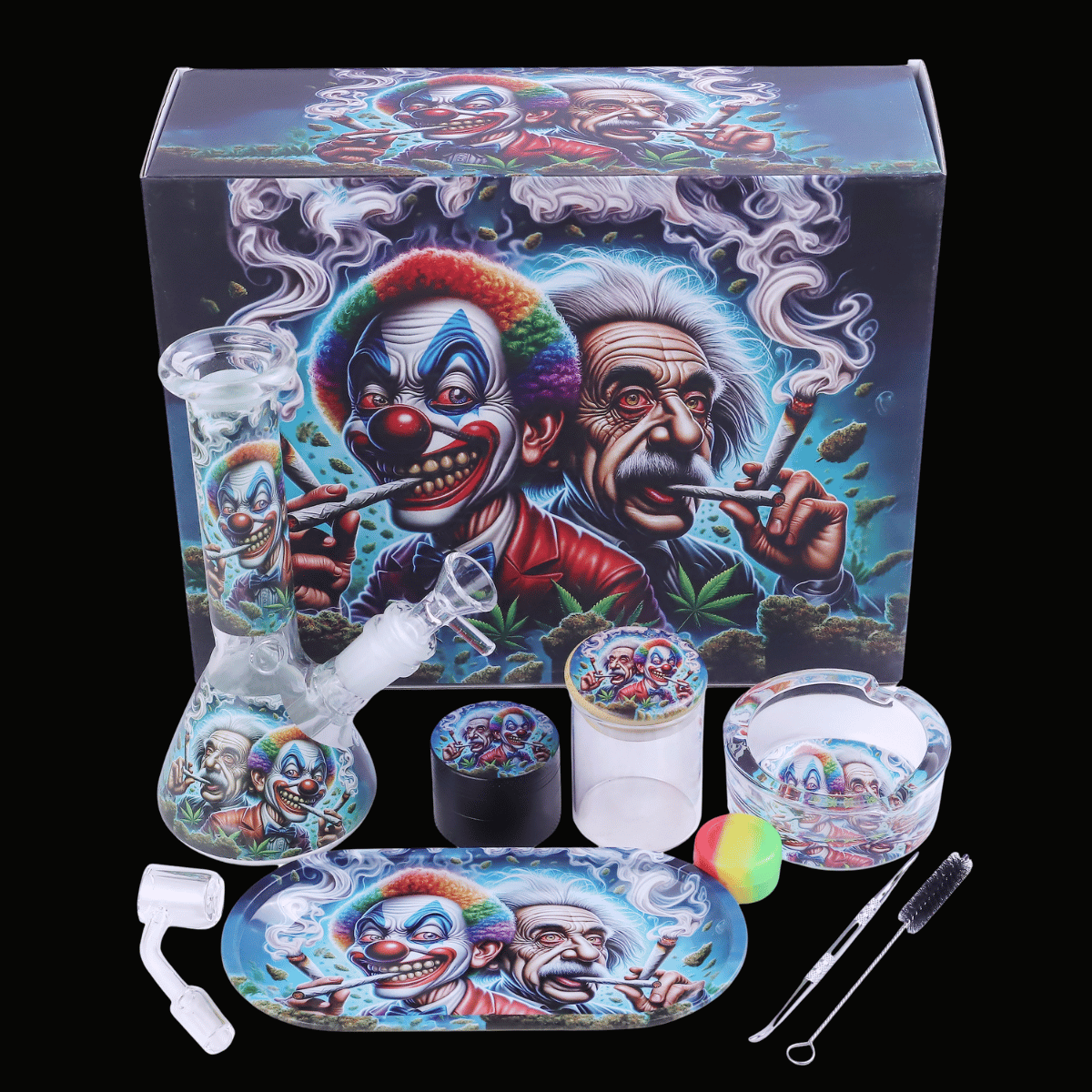 Einstein & Evil Clown Glass Bong Gift Set — 10 Piece Smoking Bundle
