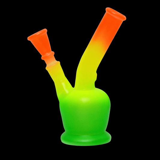 Bright green and orange bent neck glass waterpipe – 15cm bong