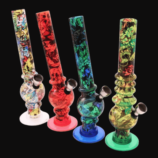 Funky Acrylic Bong – 20cm assorted colourful acrylic bongs with printed designs and detachable bases