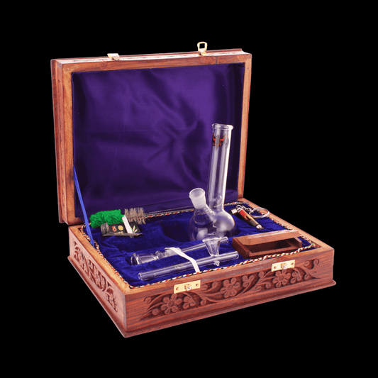 Carved wood box gift set with glass waterpipe, screens, pillbox, brush and keyring pipe