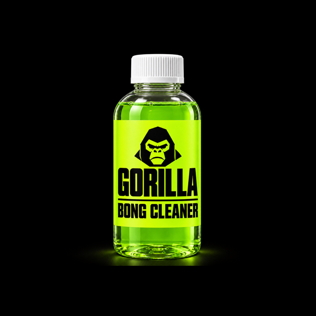 Gorilla Bong Cleaner bottle with fluorescent green label on a black background