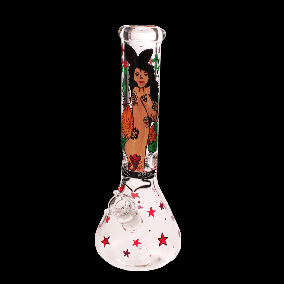 Hand-painted bunny girl glass bong with colourful stars and clear beaker base