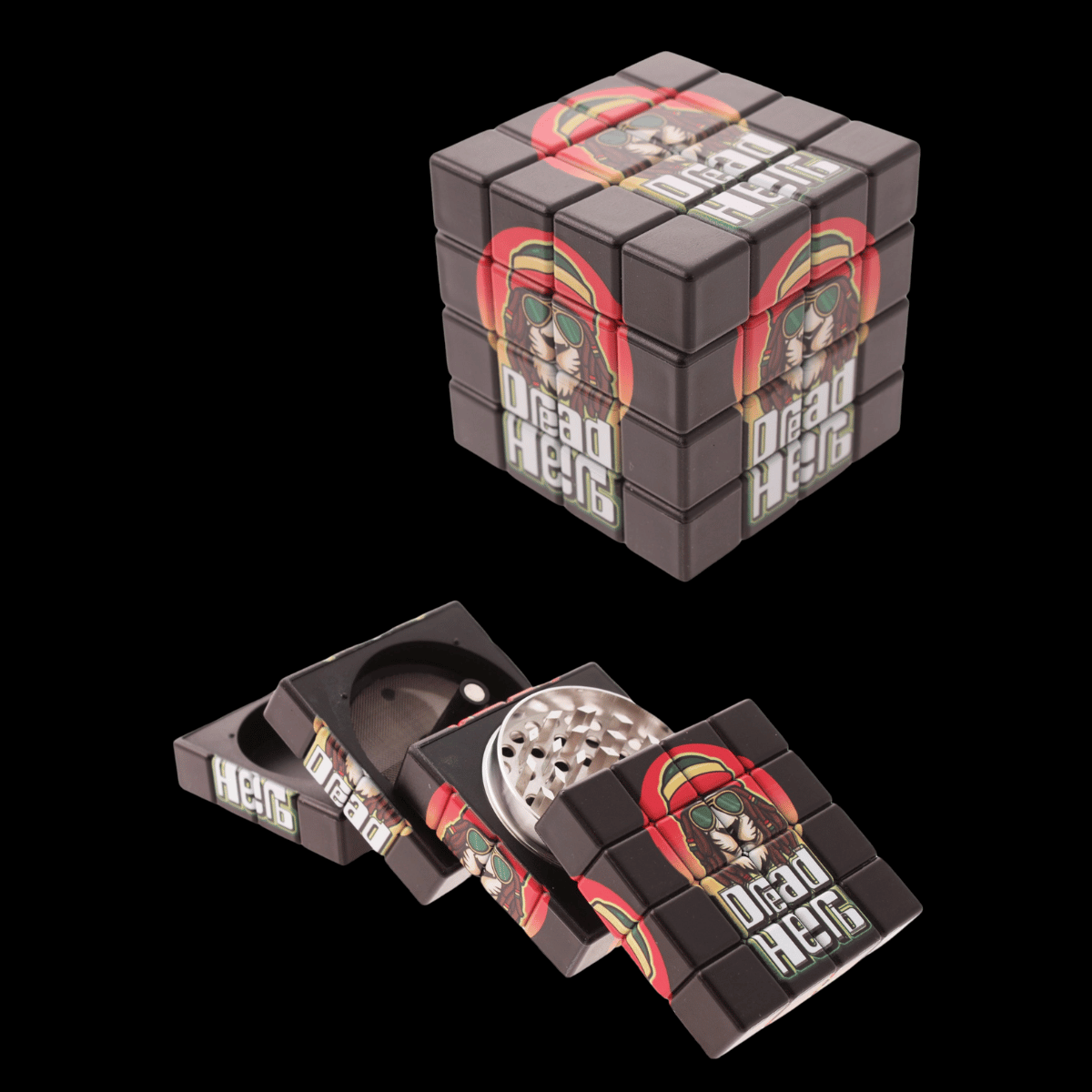 45mm cube-style 4-part herb grinder with Rasta Dread Herb artwork and alloy teeth