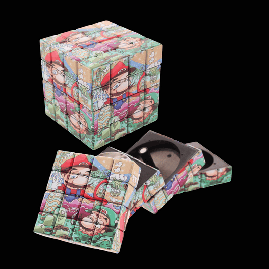 45mm cube-style 4-part herb grinder with M BROS artwork and metal teeth
