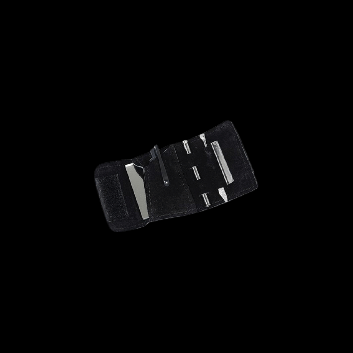 Mini snuff kit in black folding pouch with micro spoon, pusher and cutting card — not for cocaine