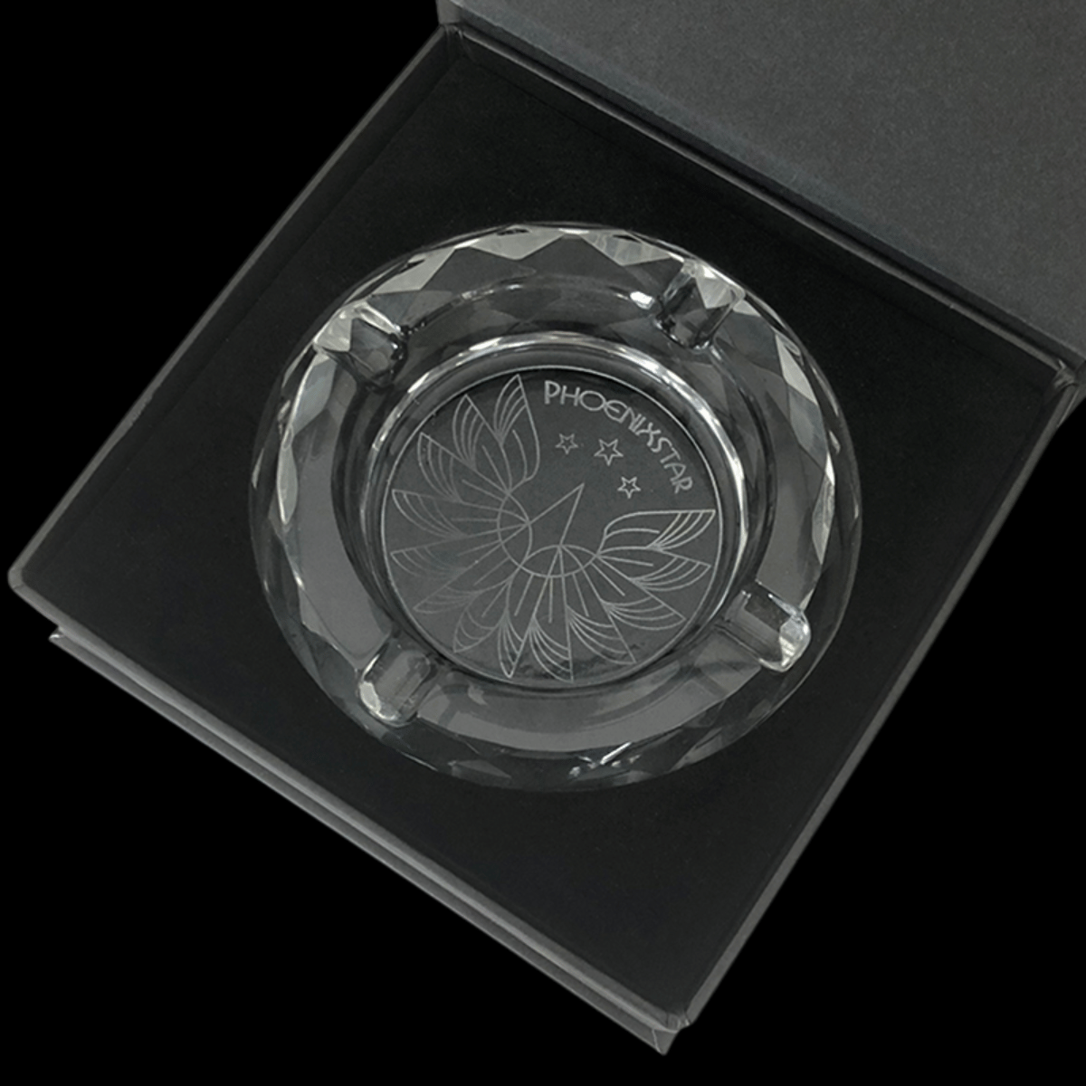 Phoenix 702 premium cut glass ashtray in gift box – crystal engraved design with three rests