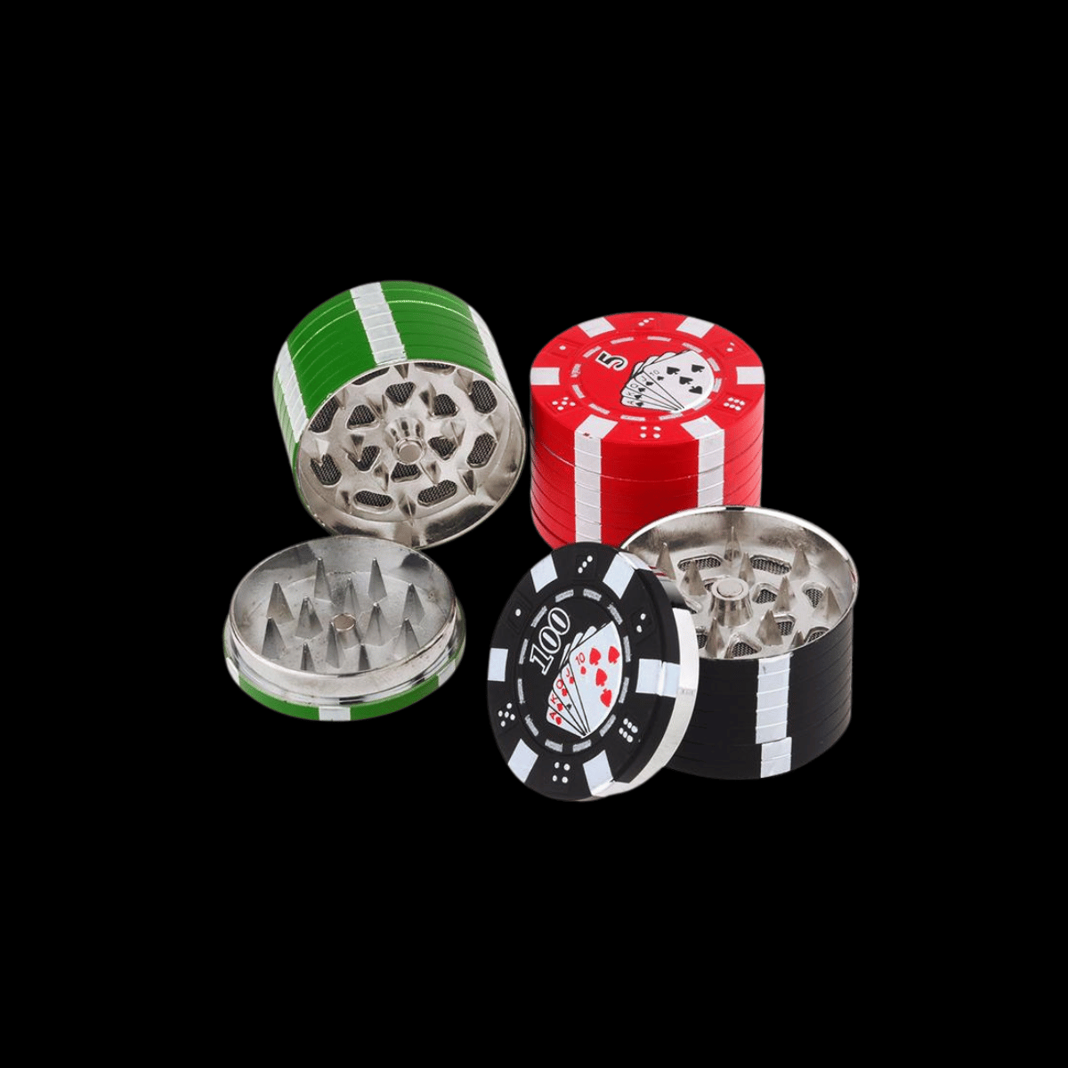 Poker chip–style 3-part metal herb grinder opened to show pyramid teeth and magnetic lid — size options 40 mm / 50 mm