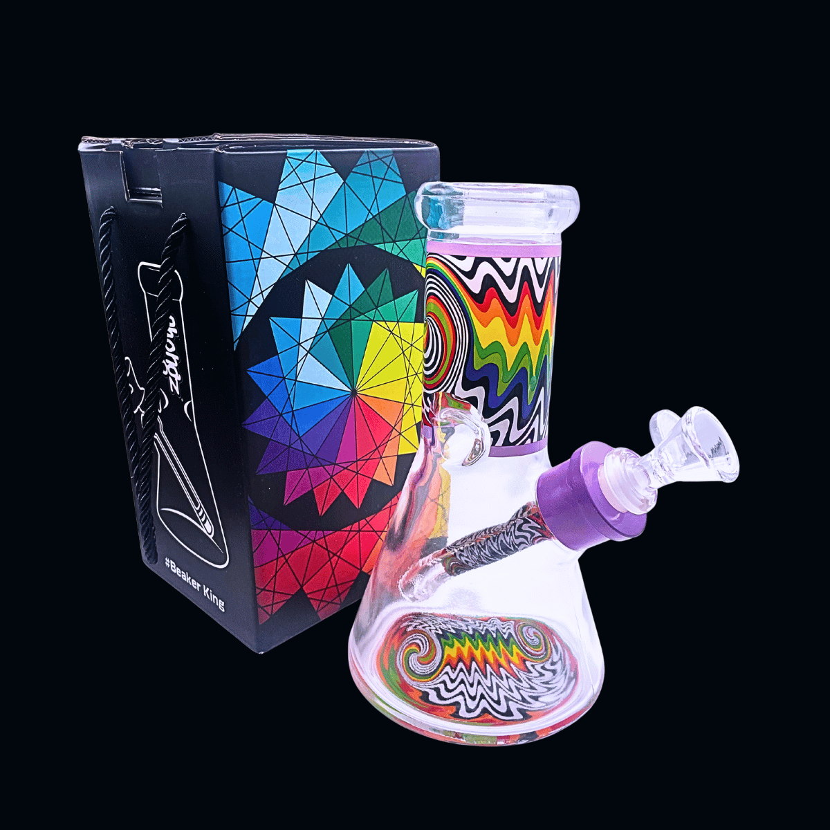 Rainbow Vortex 20cm glass beaker bong with multicoloured psychedelic swirl design and presentation box