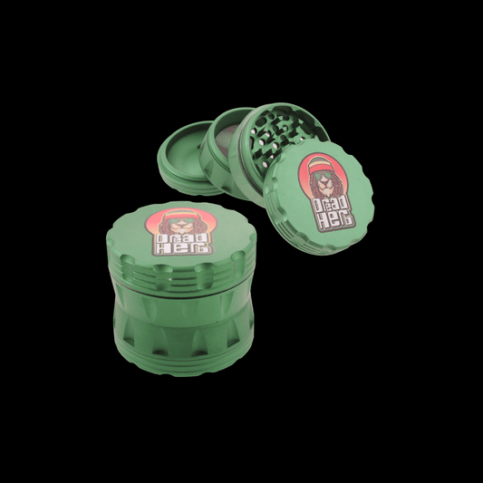 Green 60mm brushed-metal 4-part herb grinder with double-notch grip, kief screen and pollen catcher
