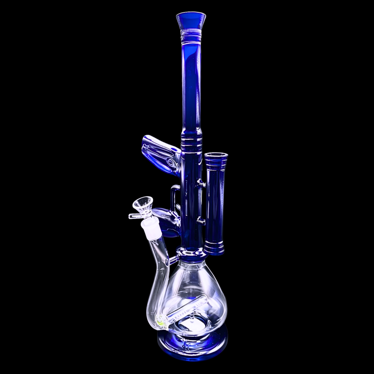 Side view of blue rifle glass bong showing the clear chamber, bowl and inline percolator