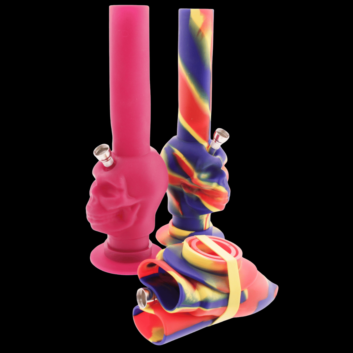 Skull-shaped collapsible silicone bong in mixed colours, 26 cm, medical-grade silicone