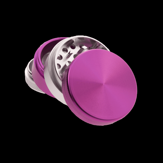 Two-tone 50mm 4-part metal herb grinder with silver band, kief screen and pollen chamber