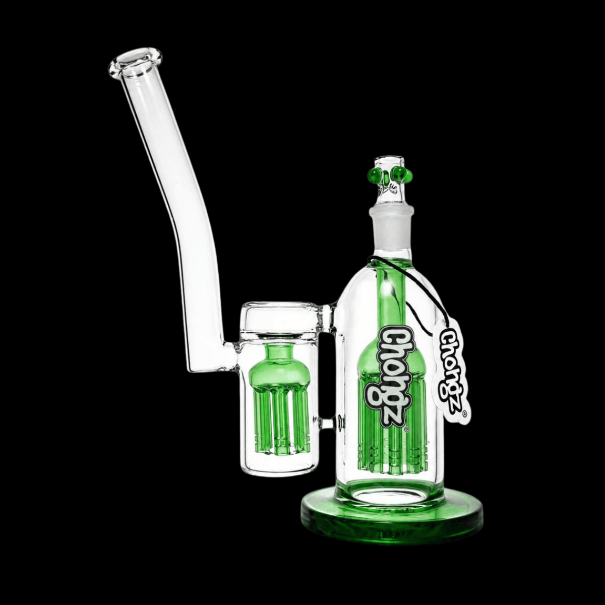 Chongz Wizard’s Sleeve 27.5cm clear glass bong with dual green percolators and curved mouthpiece