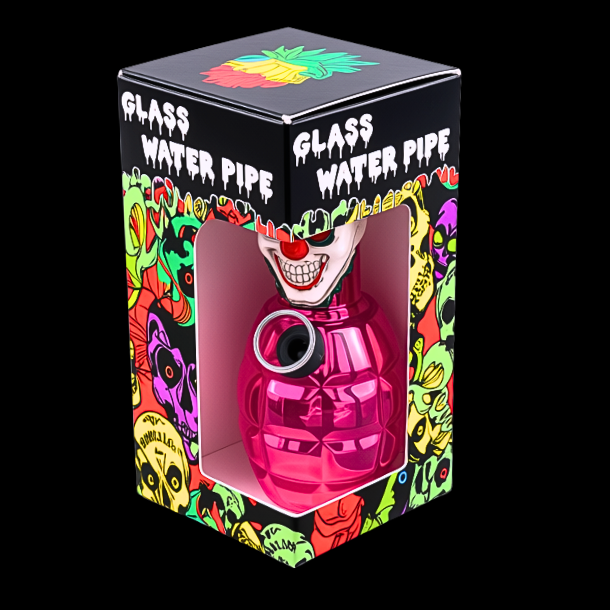 1. Sinister Clown pink mini glass bong displayed inside its colourful presentation box
