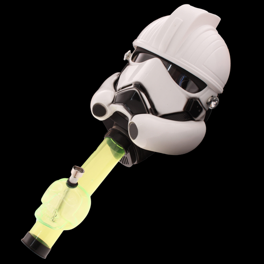 Stormtrooper Gas Mask Bong with neon green acrylic chamber – full-face cosplay-style mask bong