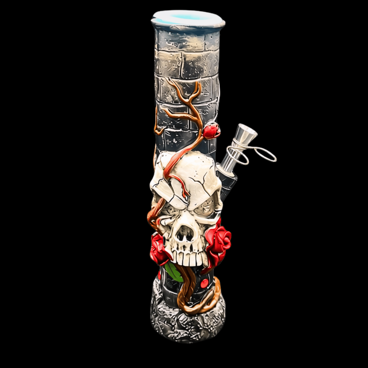 Death Rose skull resin bong with red roses and gothic detailing – 25.4cm