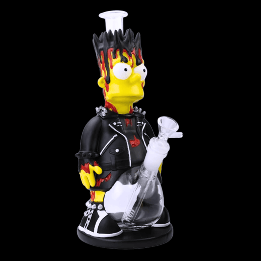 Bart Simpson punk glass bong with spiked hair, black biker jacket and transparent glass chamber