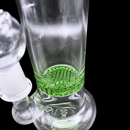 Close-up of green single honeycomb percolator inside Lime Matrix glass bong