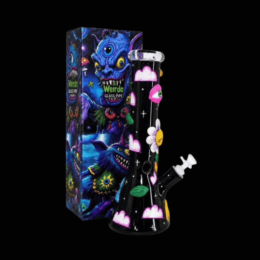 Midnight Bloom black glass beaker bong with colourful raised 3D floral decorations – 34cm