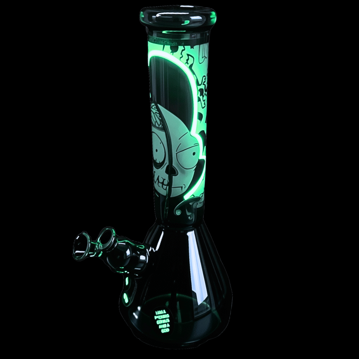 Split-Face Rick glass beaker bong artwork glowing green in darkness