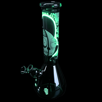 Split-Face Rick glass beaker bong artwork glowing green in darkness