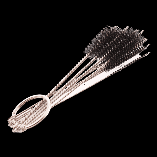 5-piece mini bong and glass pipe cleaning brush set with fine bristles (10cm) on metal ring holder

