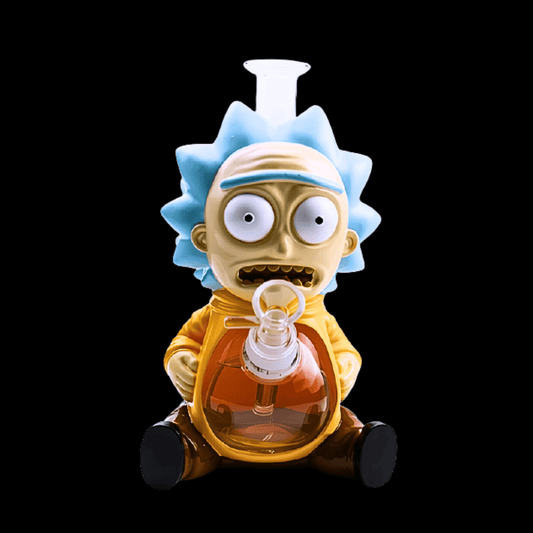 Rick-inspired ceramic and amber glass character bong with clear glass bowl and mouthpiece
