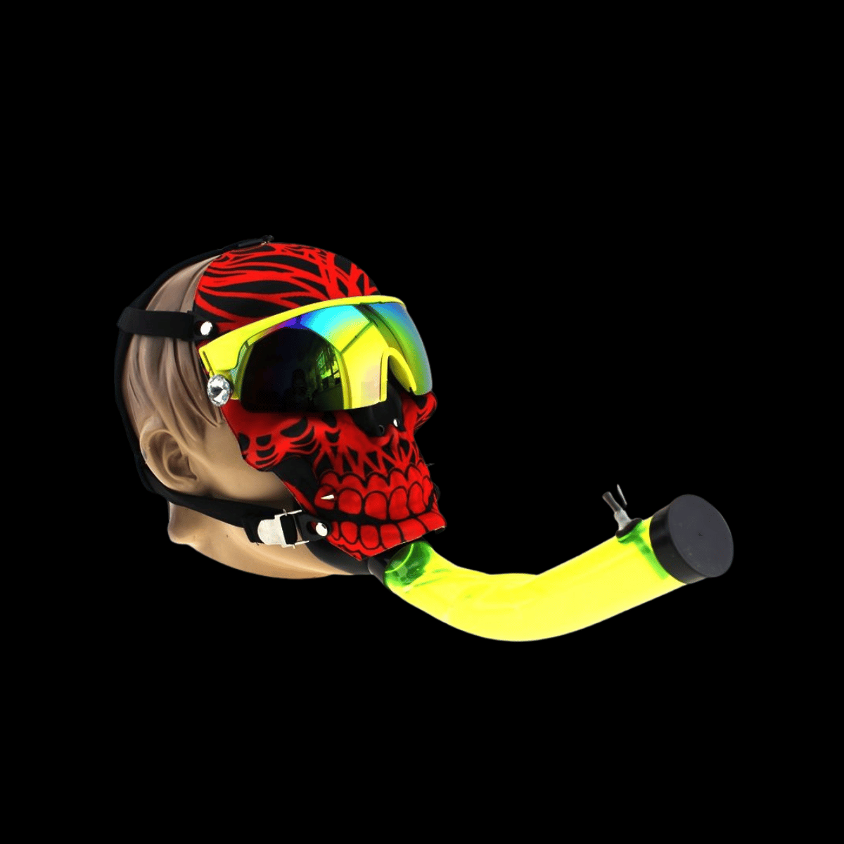 Red skull gas mask bong with mirrored sunglasses and neon yellow acrylic pipe