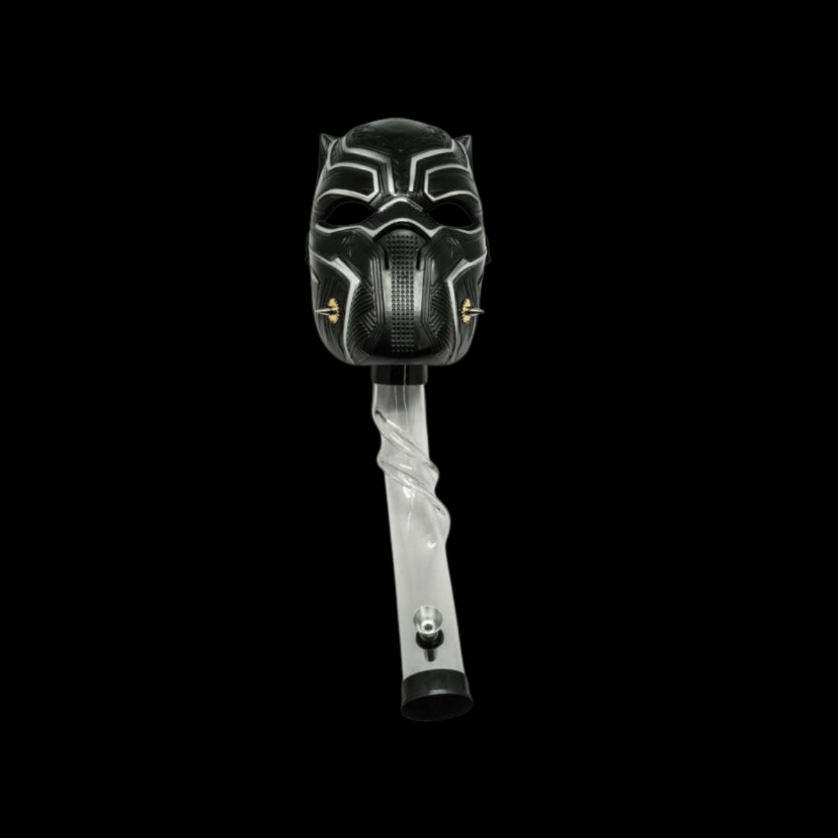 Night Prowler black cat gas mask bong with clear spiral acrylic pipe – 25cm