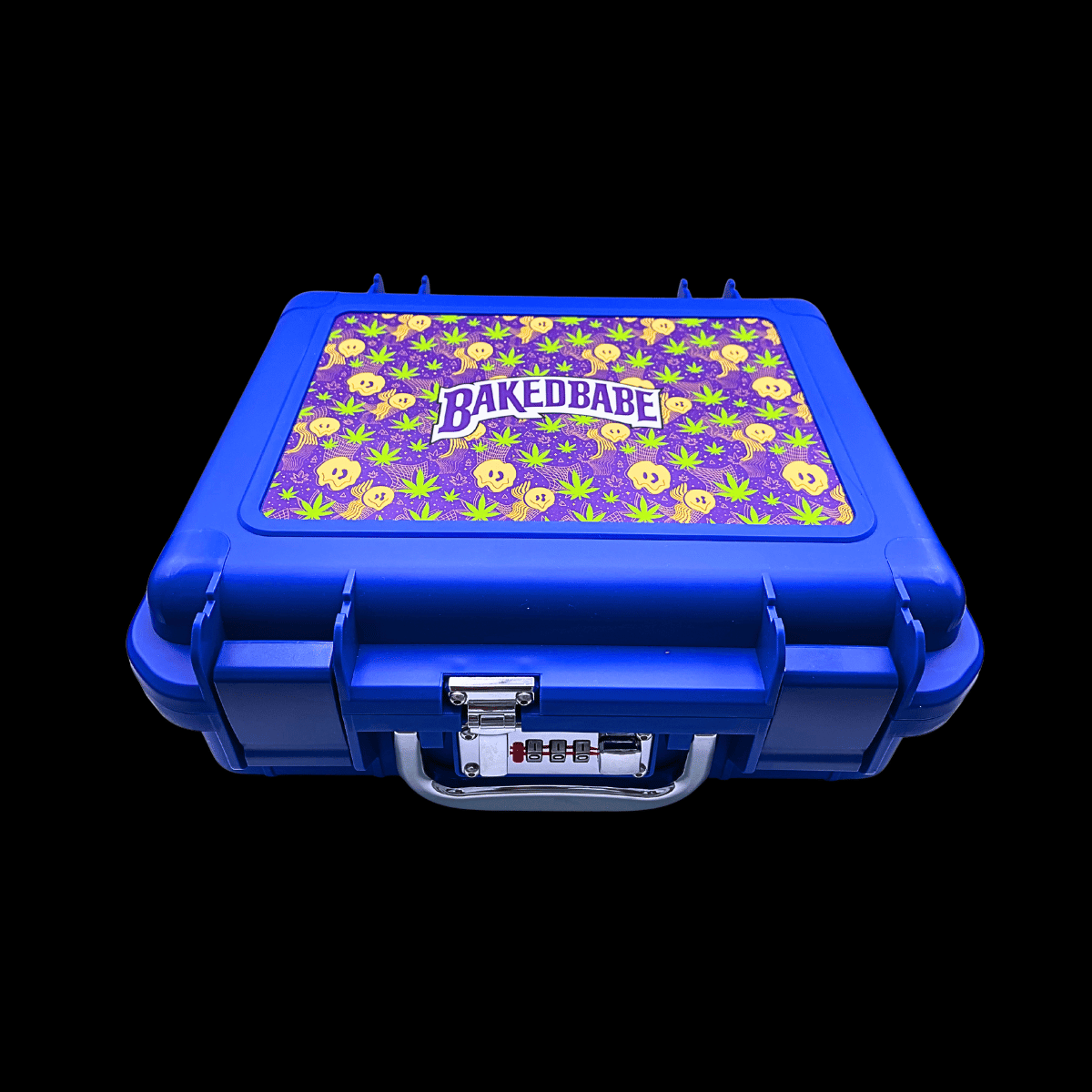 Closed blue locking hard case with purple and yellow Baked Babe artwork