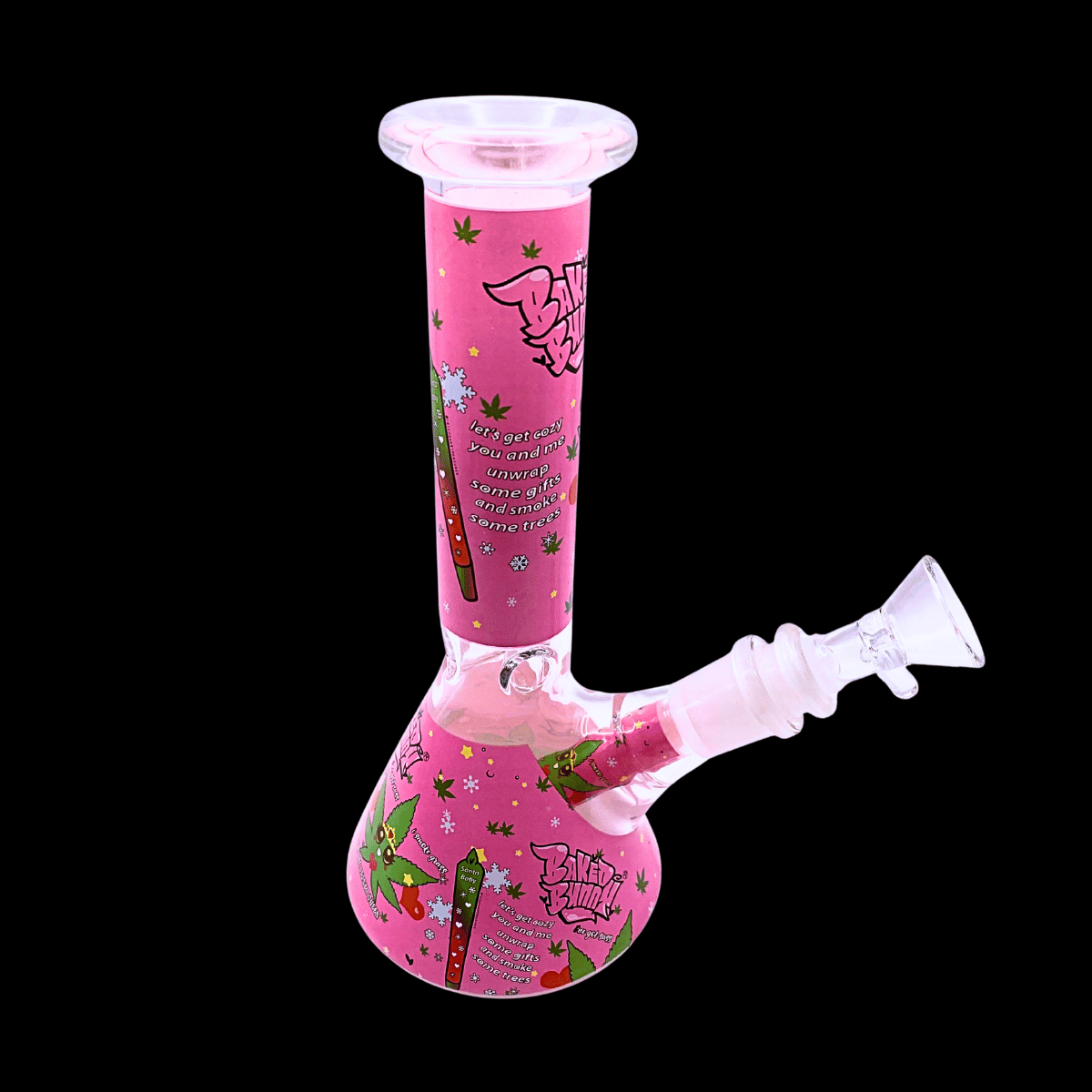 Baked Bunny pink glass bong with leaf and cartoon bunny artwork