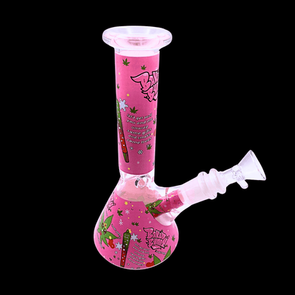 Baked Bunny pink glass bong with leaf and cartoon bunny artwork
