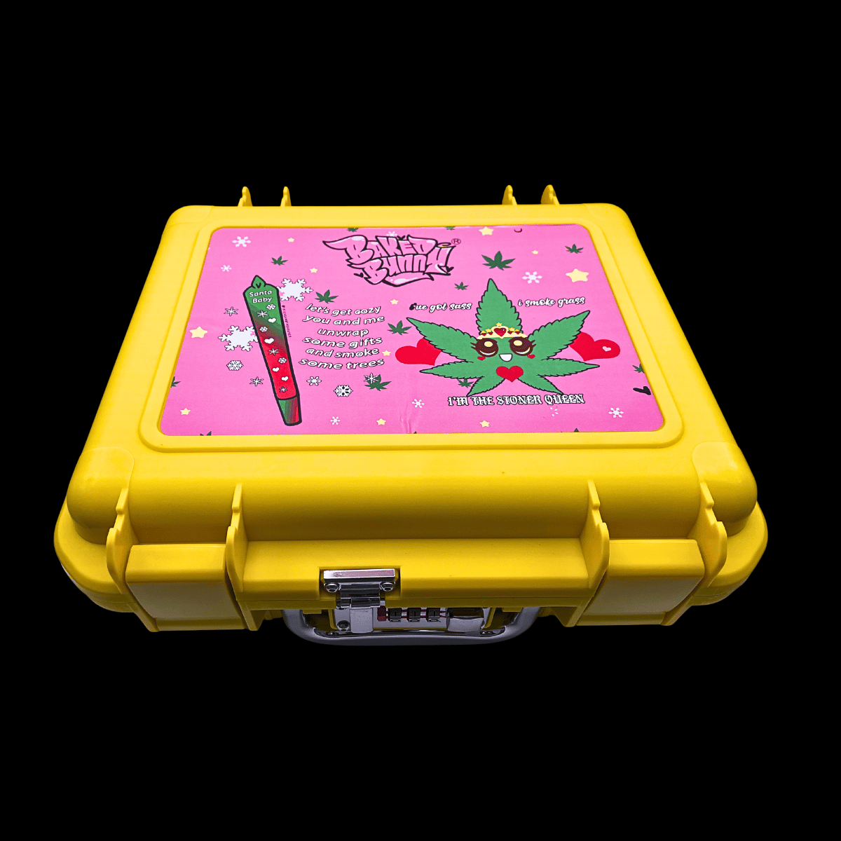Closed yellow locking hard case with pink Baked Bunny artwork panel