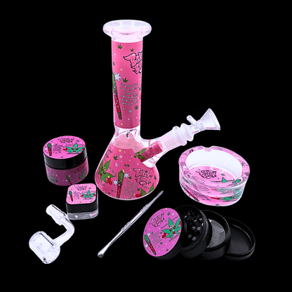 Baked Bunny glass bong with matching grinder, ashtray, storage jars and dab tools