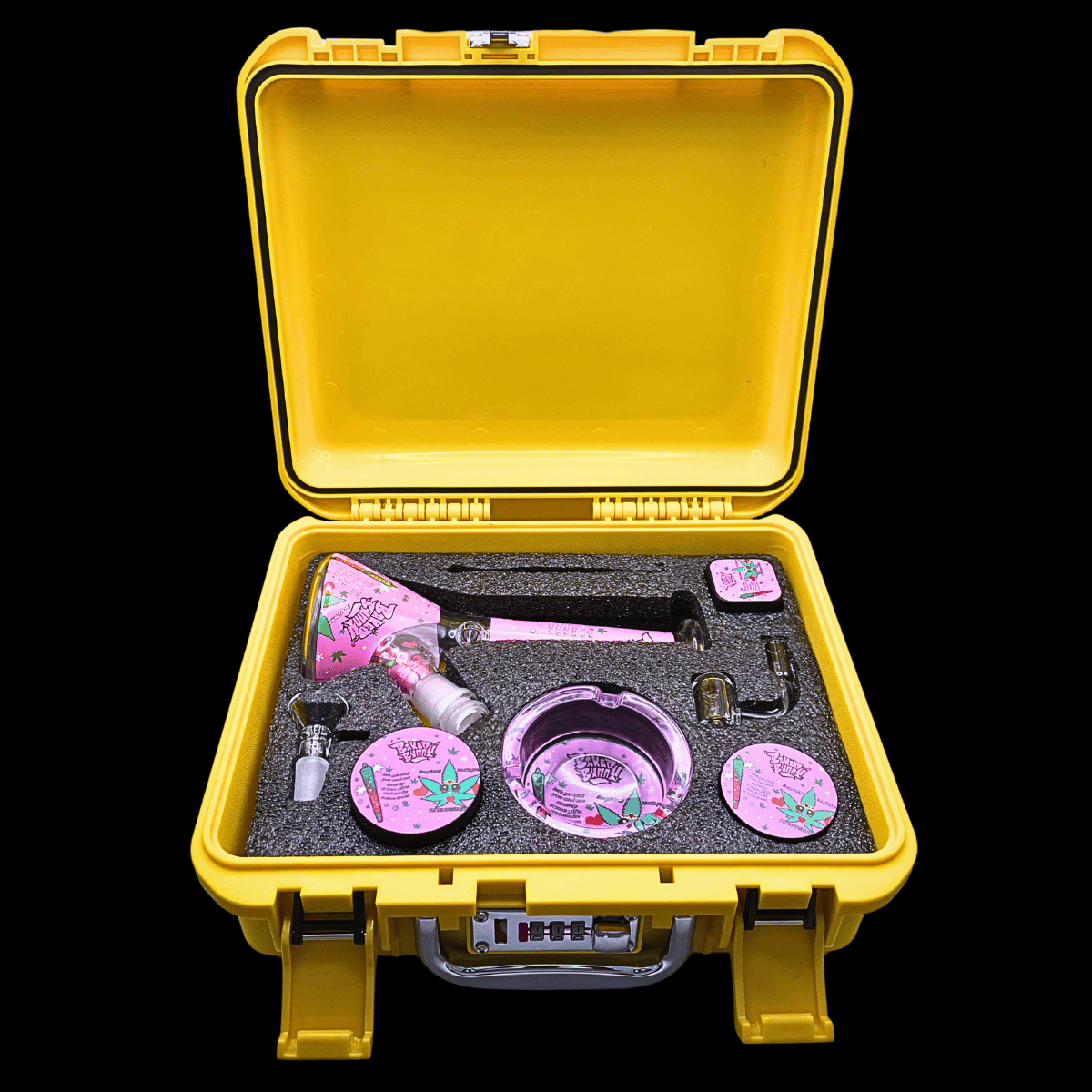 Open yellow locking hard case containing the Baked Bunny bong and dab accessories