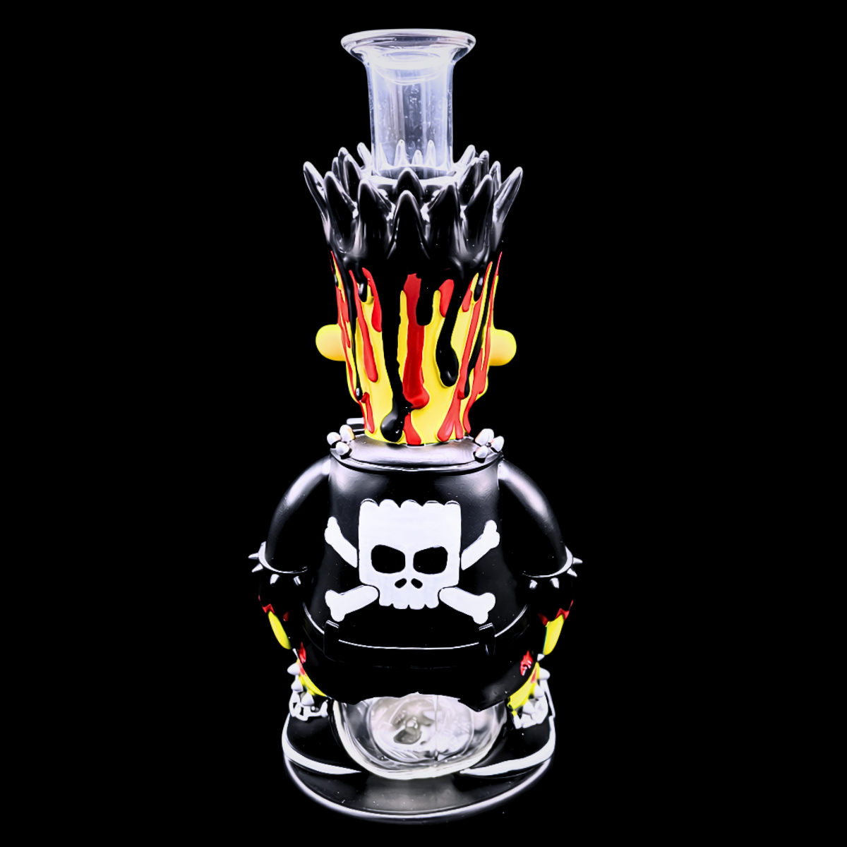 Rear view of punk glass bong with skull, chain and flame artwork