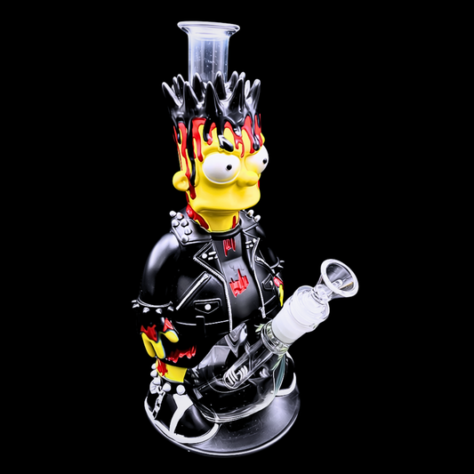 Bart Simpson-inspired punk glass bong with black outfit and flame artwork – 29cm