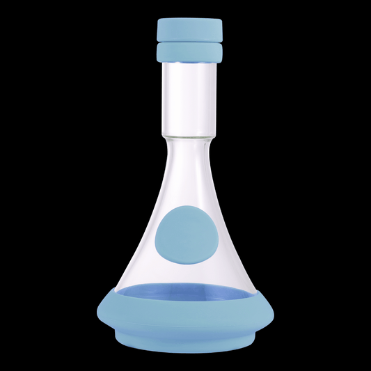 Blue silicone and glass beaker-style bong with sturdy base and clear chamber

