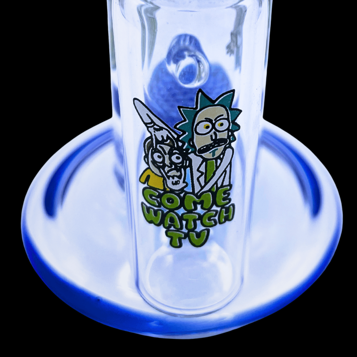 Rick and Morty glass bong showing blue footed base and honeycomb perc chamber