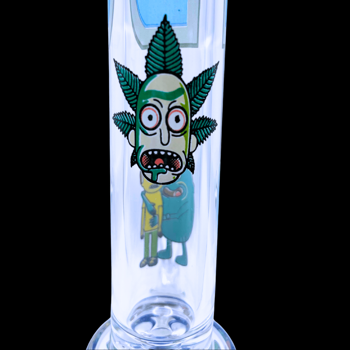 Close-up of Rick artwork on Blue Orbit honeycomb perc glass bong