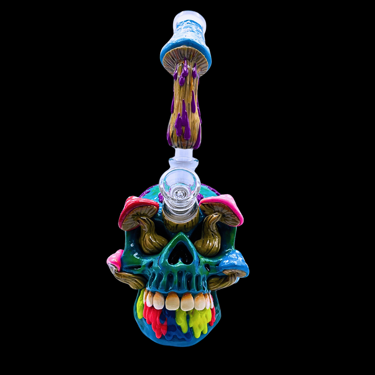 1. Front view of the Camden Melt Skull glass bong showing its multicoloured skull artwork