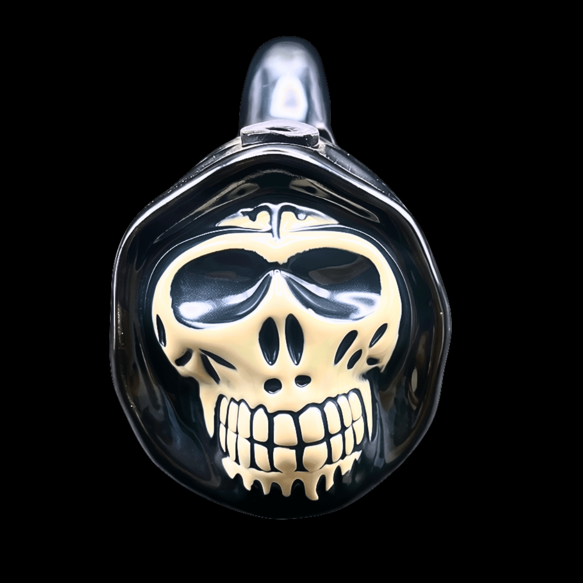  Front view of ceramic skull bong with black hood